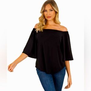 Jennifer Lopez black, satin feel, off the shoulder blouse. Size: M
